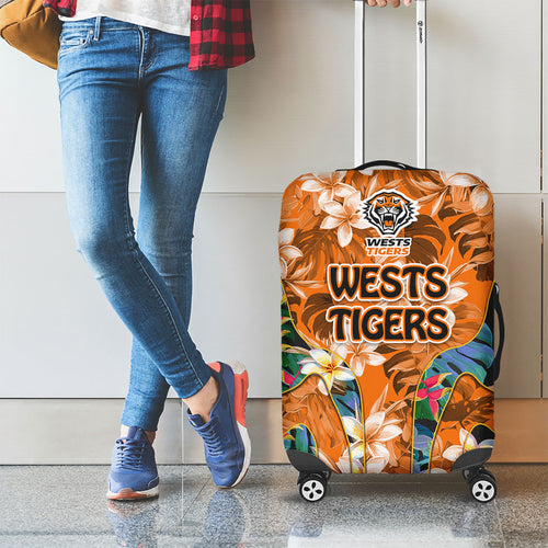 Wests Tigers Luggage Cover Tropical Hibiscus Floral Pattern With Orange And Black Accents