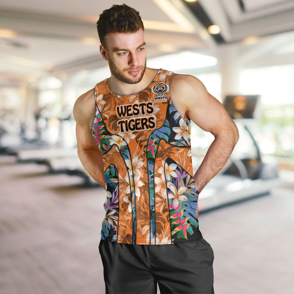 Wests Tigers Men Tank Top Tropical Hibiscus Floral Pattern With Orange And Black Accents