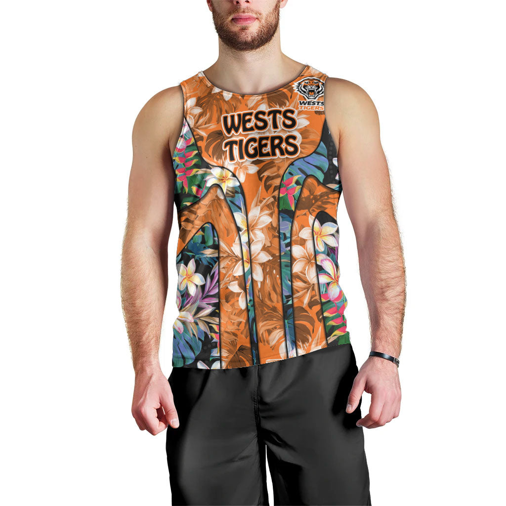 Wests Tigers Men Tank Top Tropical Hibiscus Floral Pattern With Orange And Black Accents