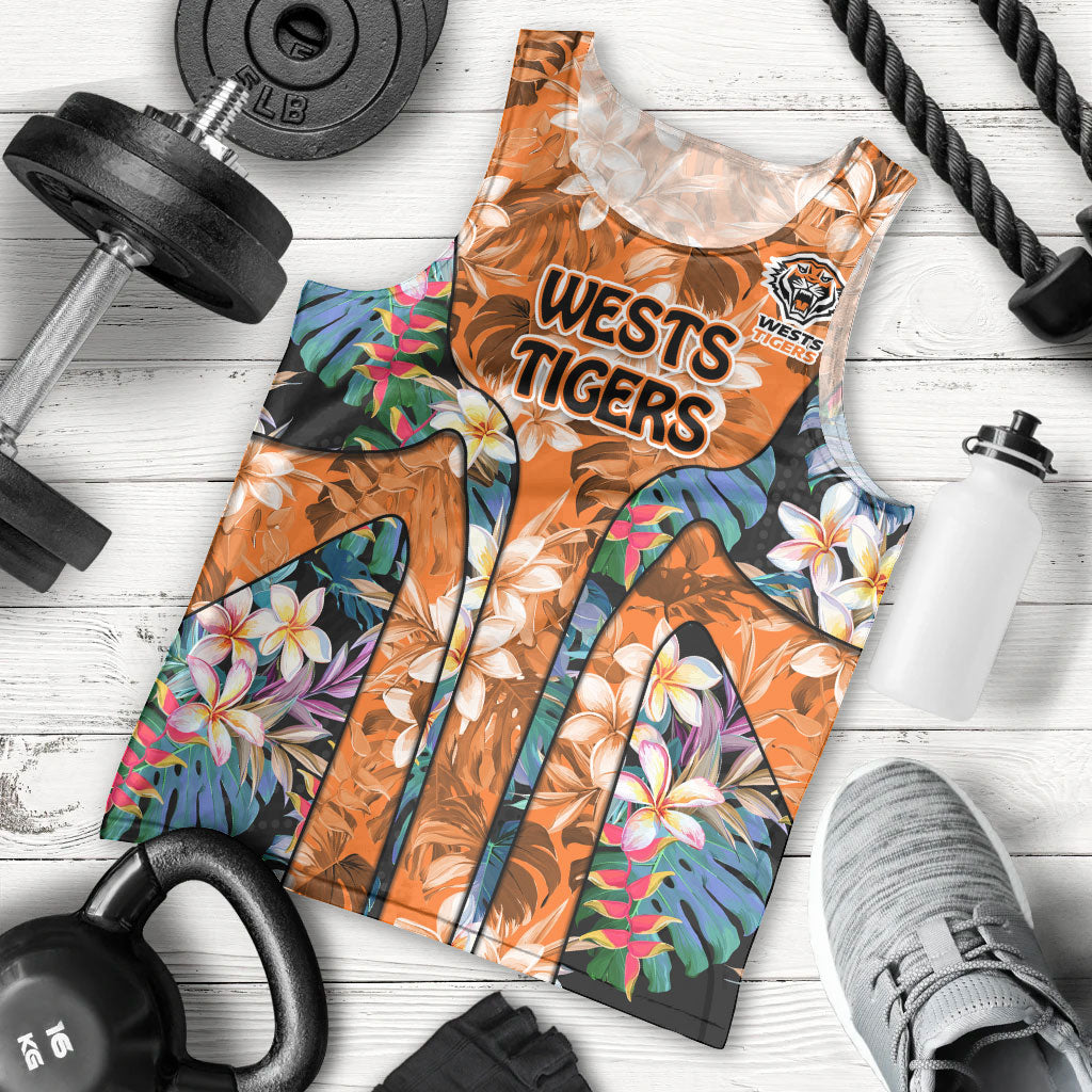 Wests Tigers Men Tank Top Tropical Hibiscus Floral Pattern With Orange And Black Accents