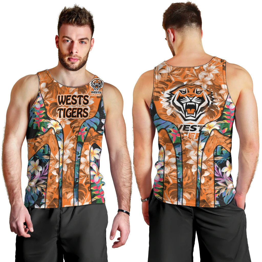 Wests Tigers Men Tank Top Tropical Hibiscus Floral Pattern With Orange And Black Accents