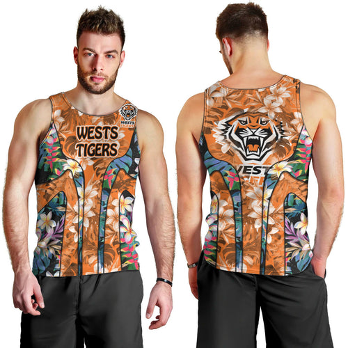 Wests Tigers Men Tank Top Tropical Hibiscus Floral Pattern With Orange And Black Accents