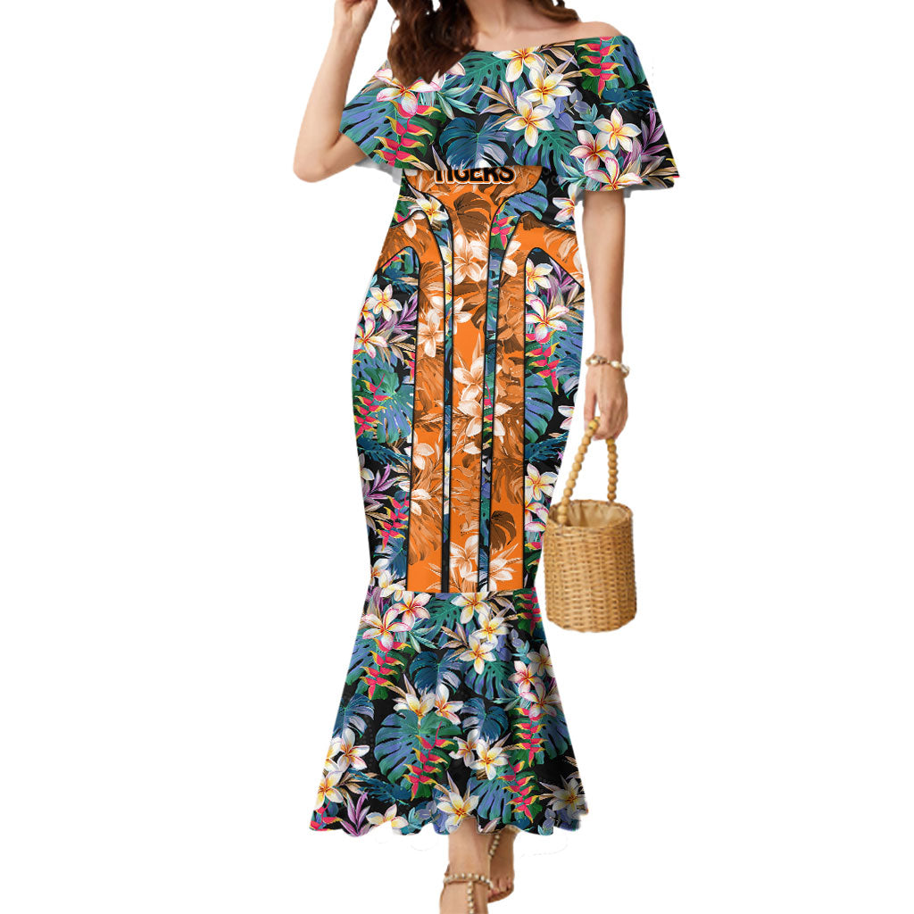 Wests Tigers Mermaid Dress Tropical Hibiscus Floral Pattern With Orange And Black Accents