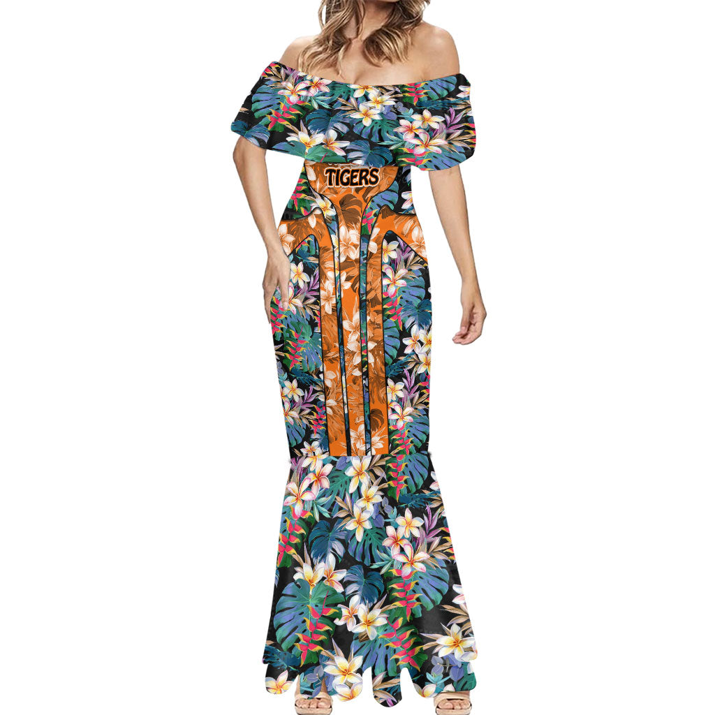 Wests Tigers Mermaid Dress Tropical Hibiscus Floral Pattern With Orange And Black Accents