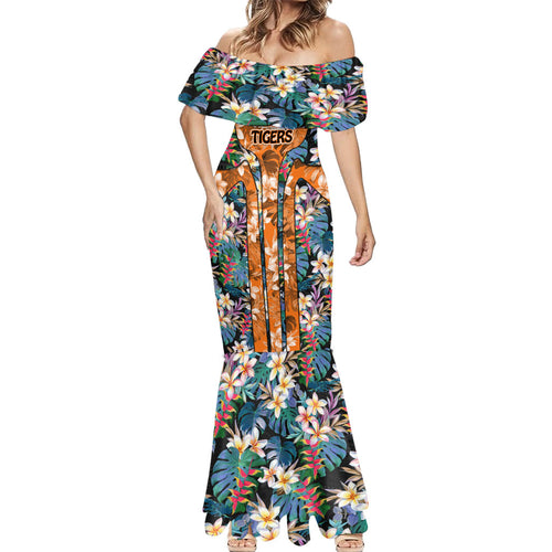 Wests Tigers Mermaid Dress Tropical Hibiscus Floral Pattern With Orange And Black Accents