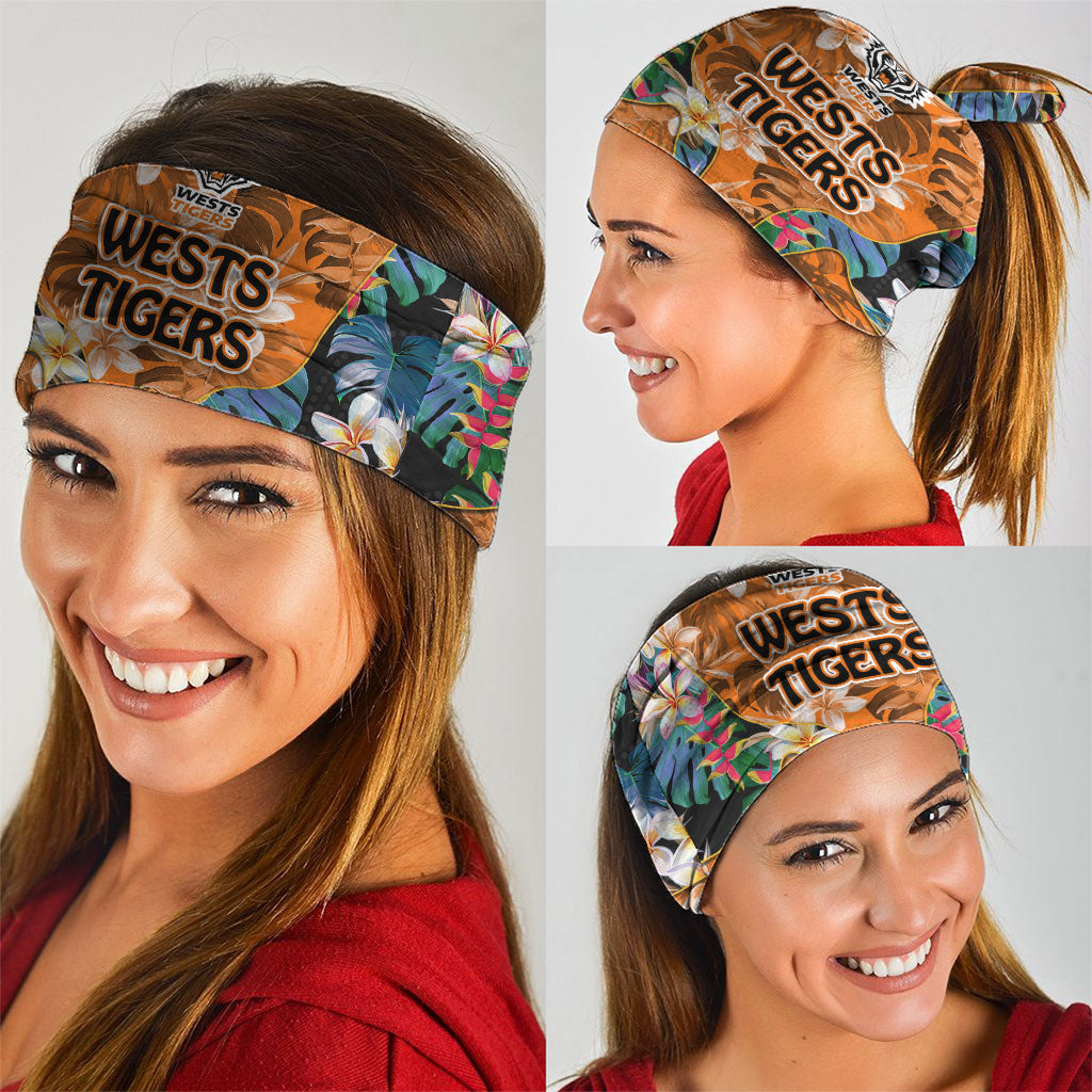 Wests Tigers Neck Gaiter Tropical Hibiscus Floral Pattern With Orange And Black Accents