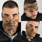 Wests Tigers Neck Gaiter Tropical Hibiscus Floral Pattern With Orange And Black Accents