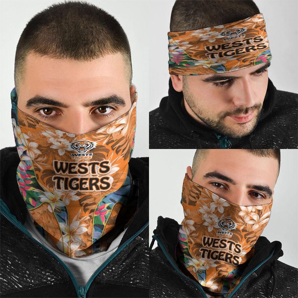 Wests Tigers Neck Gaiter Tropical Hibiscus Floral Pattern With Orange And Black Accents