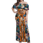Wests Tigers Off Shoulder Maxi Dress Tropical Hibiscus Floral Pattern With Orange And Black Accents