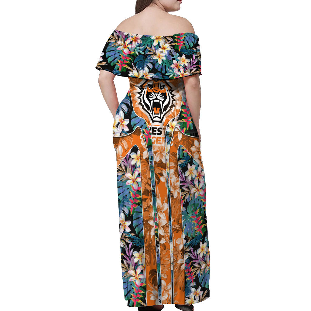 Wests Tigers Off Shoulder Maxi Dress Tropical Hibiscus Floral Pattern With Orange And Black Accents