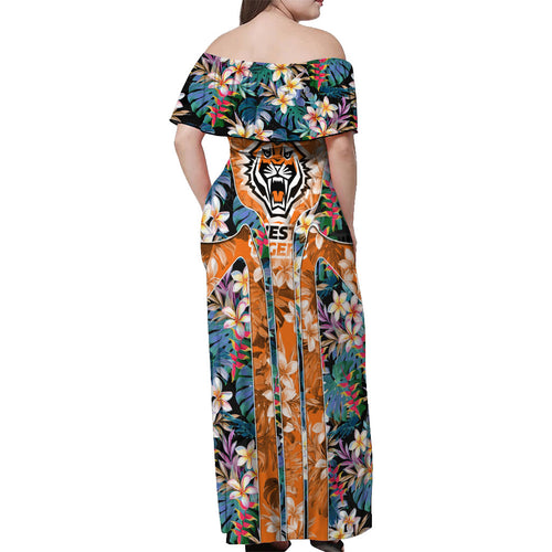 Wests Tigers Off Shoulder Maxi Dress Tropical Hibiscus Floral Pattern With Orange And Black Accents