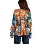 Wests Tigers Off Shoulder Sweater Tropical Hibiscus Floral Pattern With Orange And Black Accents