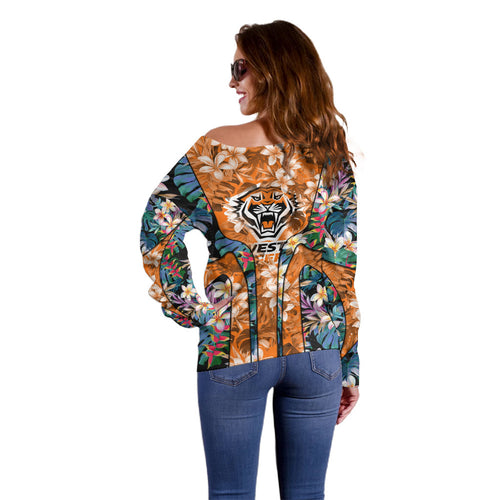 Wests Tigers Off Shoulder Sweater Tropical Hibiscus Floral Pattern With Orange And Black Accents