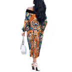 Wests Tigers Off The Shoulder Long Sleeve Dress Tropical Hibiscus Floral Pattern With Orange And Black Accents