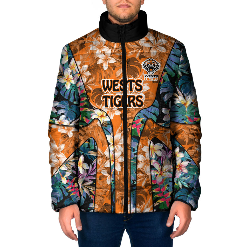 Wests Tigers Padded Jacket Tropical Hibiscus Floral Pattern With Orange And Black Accents