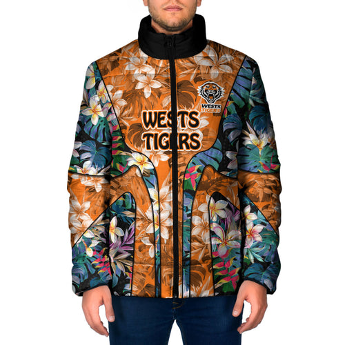 Wests Tigers Padded Jacket Tropical Hibiscus Floral Pattern With Orange And Black Accents