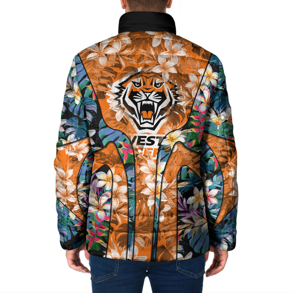 Wests Tigers Padded Jacket Tropical Hibiscus Floral Pattern With Orange And Black Accents