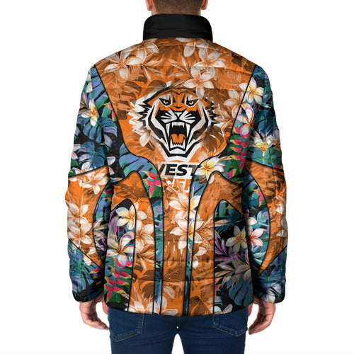 Wests Tigers Padded Jacket Tropical Hibiscus Floral Pattern With Orange And Black Accents