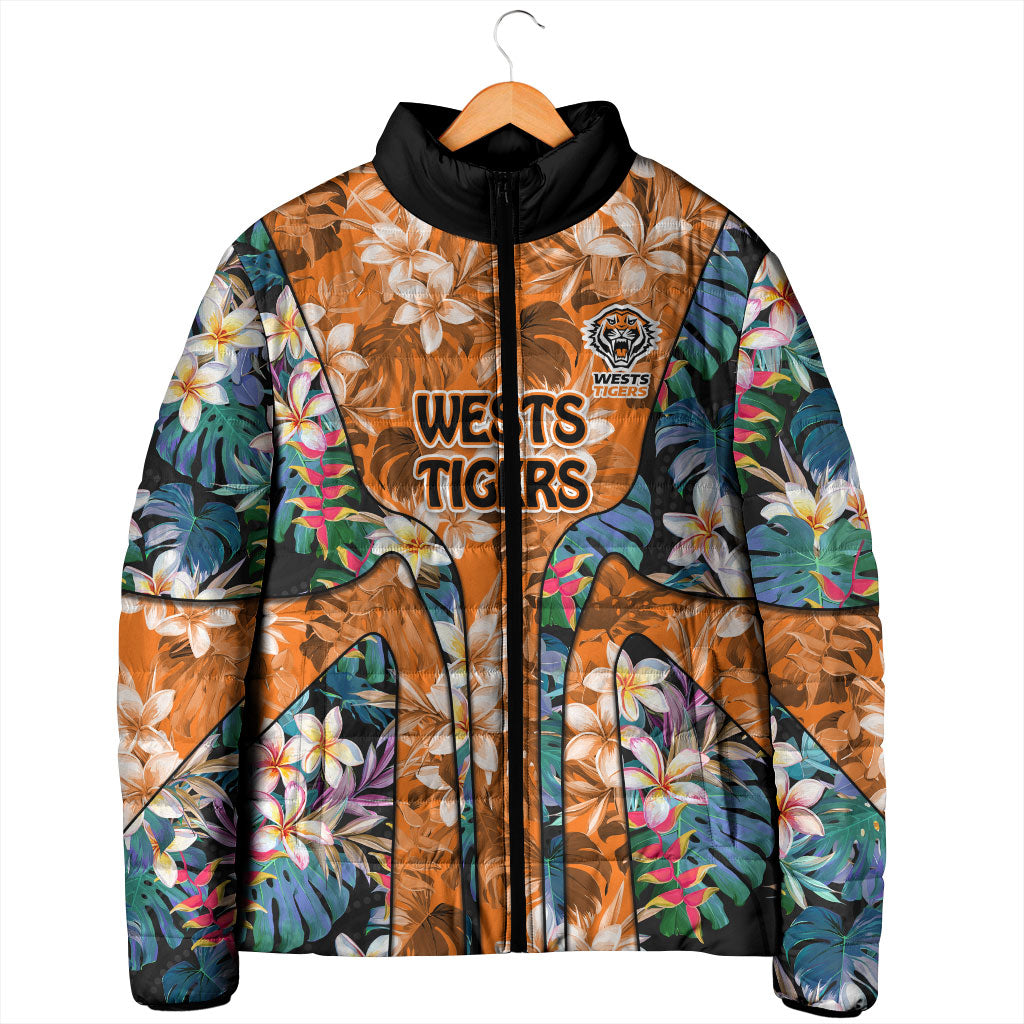 Wests Tigers Padded Jacket Tropical Hibiscus Floral Pattern With Orange And Black Accents