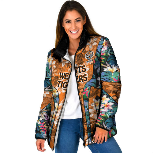 Wests Tigers Padded Jacket Tropical Hibiscus Floral Pattern With Orange And Black Accents