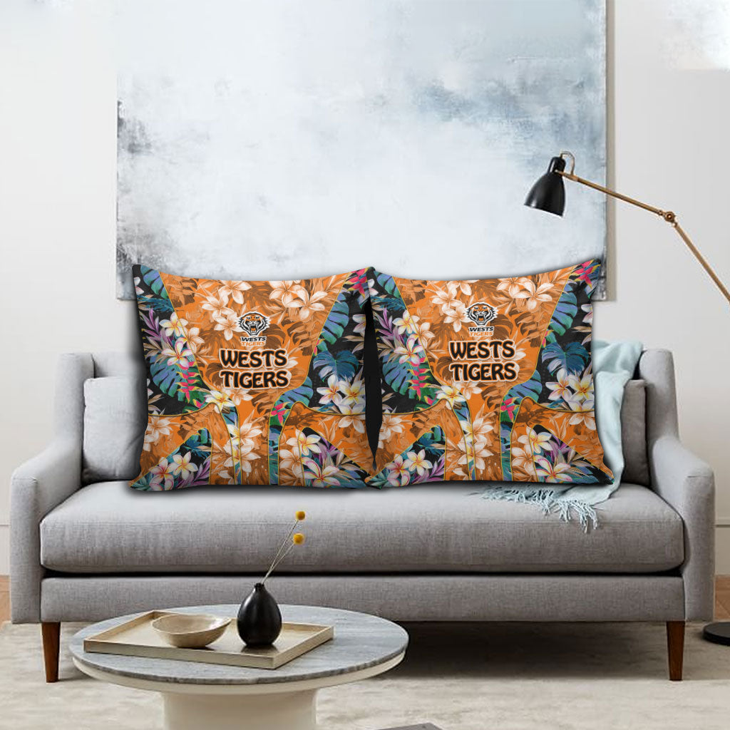 Wests Tigers Pillow Cover Tropical Hibiscus Floral Pattern With Orange And Black Accents
