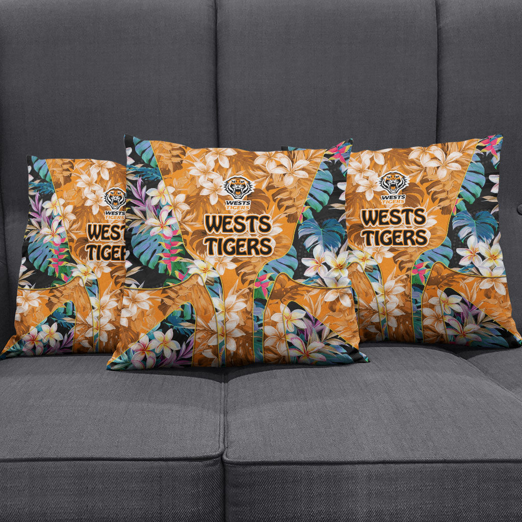 Wests Tigers Pillow Cover Tropical Hibiscus Floral Pattern With Orange And Black Accents