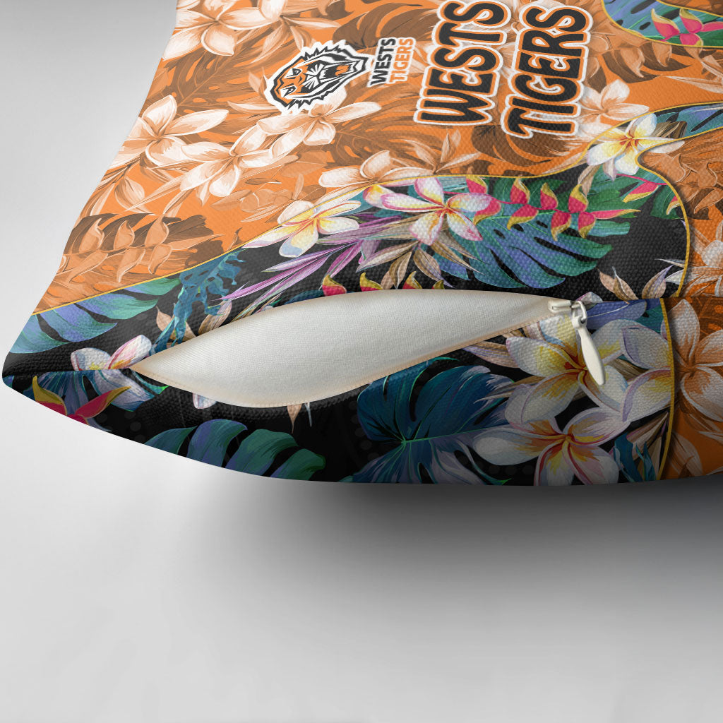 Wests Tigers Pillow Cover Tropical Hibiscus Floral Pattern With Orange And Black Accents