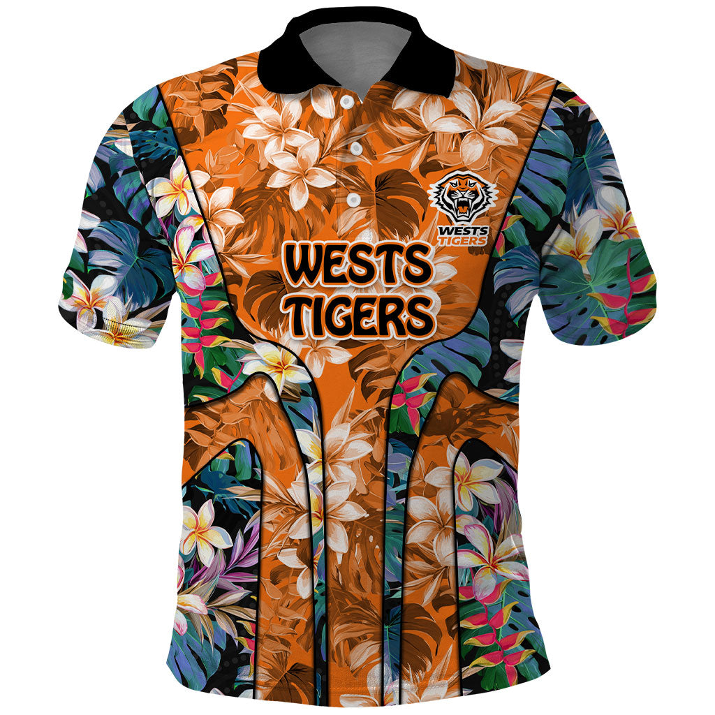 Wests Tigers Polo Shirt Tropical Hibiscus Floral Pattern With Orange And Black Accents