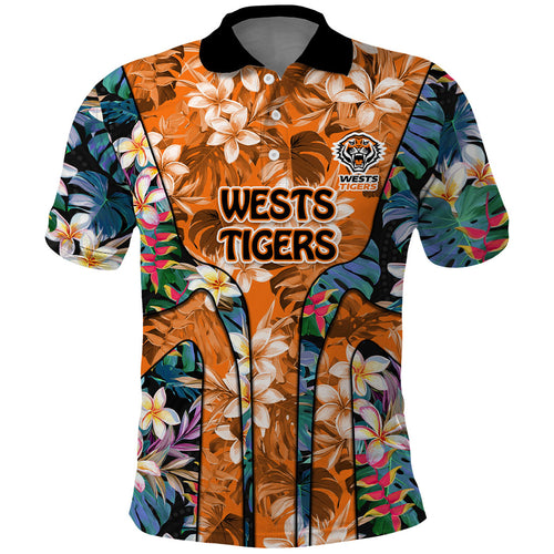 Wests Tigers Polo Shirt Tropical Hibiscus Floral Pattern With Orange And Black Accents