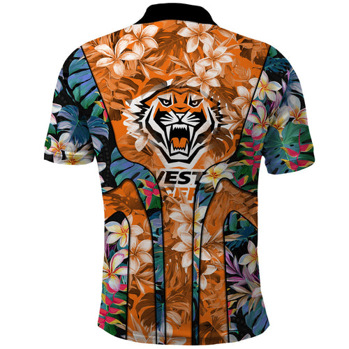 Wests Tigers Polo Shirt Tropical Hibiscus Floral Pattern With Orange And Black Accents