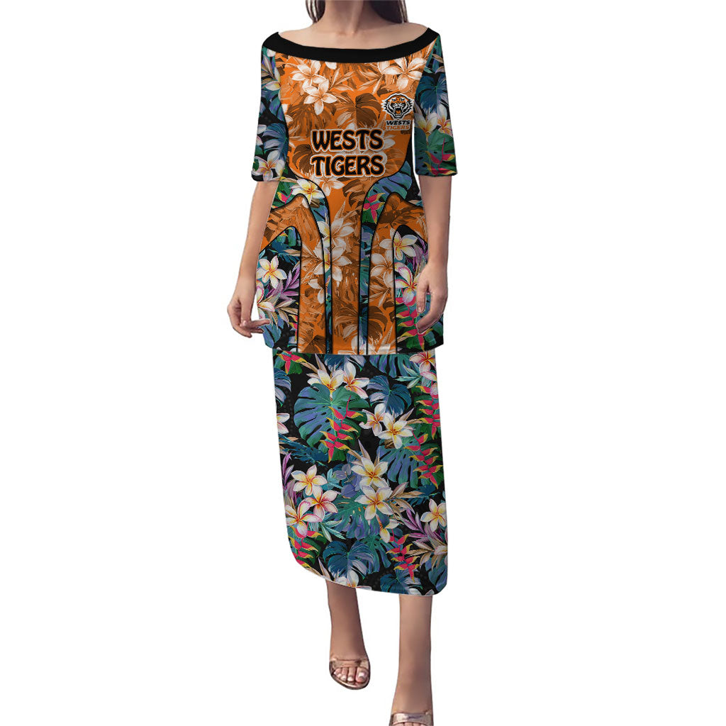 Wests Tigers Puletasi Tropical Hibiscus Floral Pattern With Orange And Black Accents