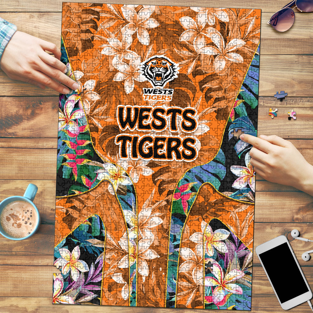 Wests Tigers Puzzle Tropical Hibiscus Floral Pattern With Orange And Black Accents
