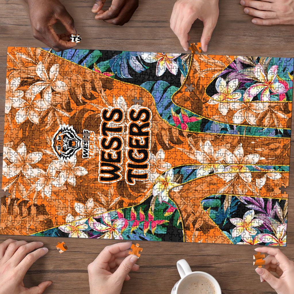 Wests Tigers Puzzle Tropical Hibiscus Floral Pattern With Orange And Black Accents