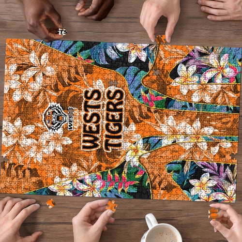 Wests Tigers Puzzle Tropical Hibiscus Floral Pattern With Orange And Black Accents