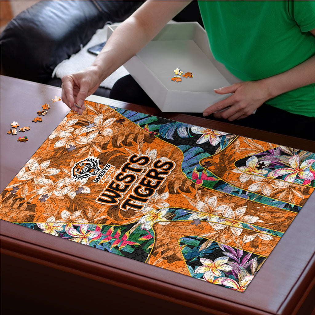Wests Tigers Puzzle Tropical Hibiscus Floral Pattern With Orange And Black Accents
