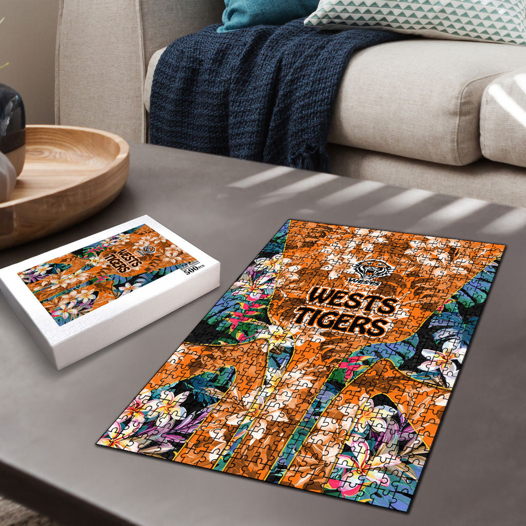 Wests Tigers Puzzle Tropical Hibiscus Floral Pattern With Orange And Black Accents