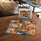Wests Tigers Puzzle Tropical Hibiscus Floral Pattern With Orange And Black Accents