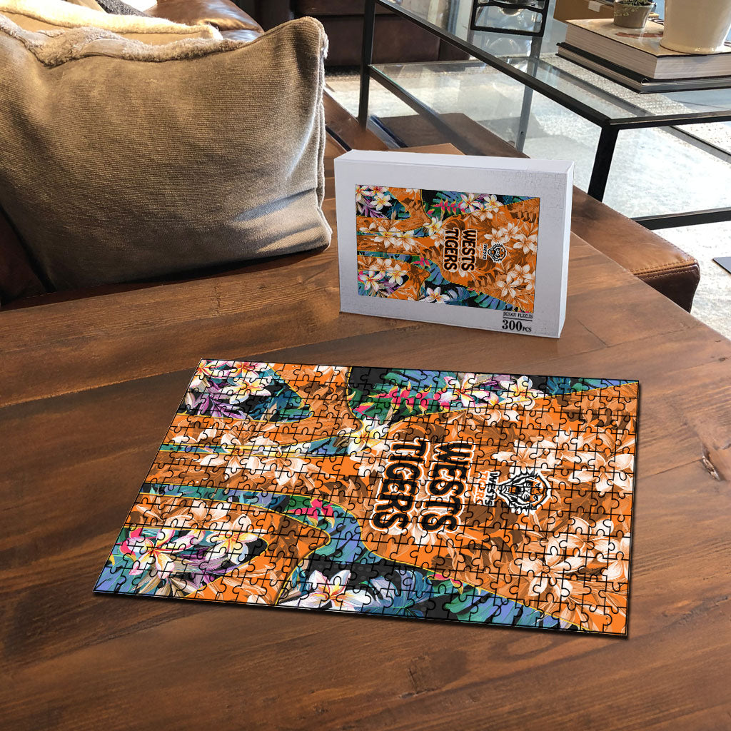 Wests Tigers Puzzle Tropical Hibiscus Floral Pattern With Orange And Black Accents