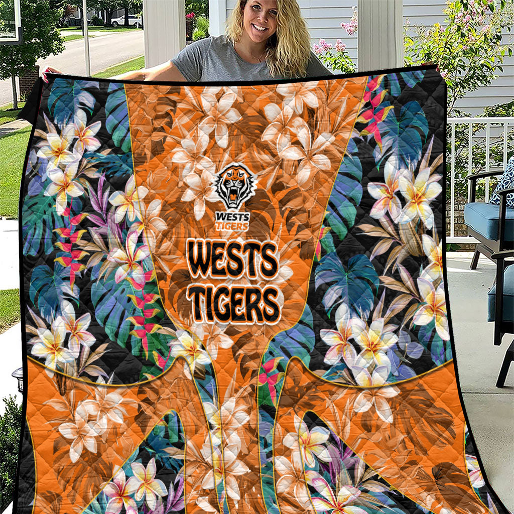 Wests Tigers Quilt Tropical Hibiscus Floral Pattern With Orange And Black Accents