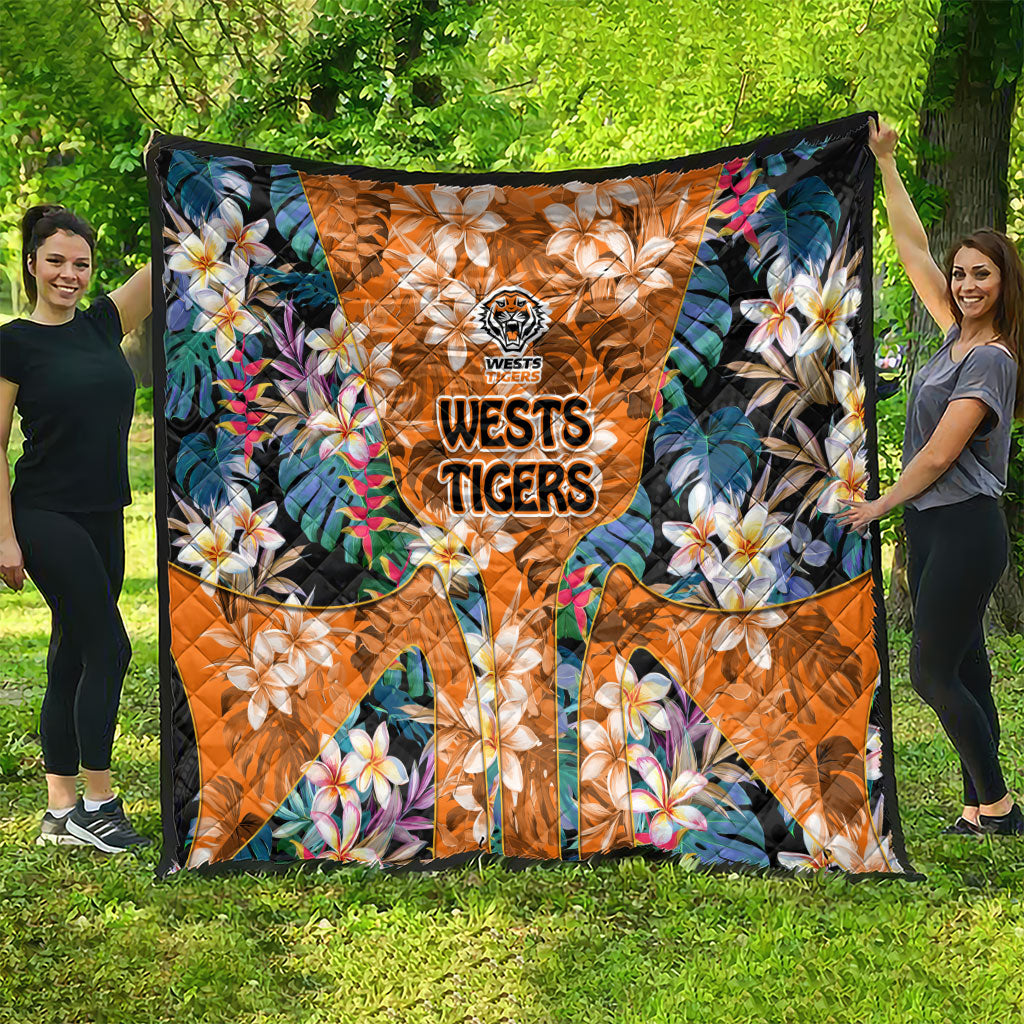 Wests Tigers Quilt Tropical Hibiscus Floral Pattern With Orange And Black Accents
