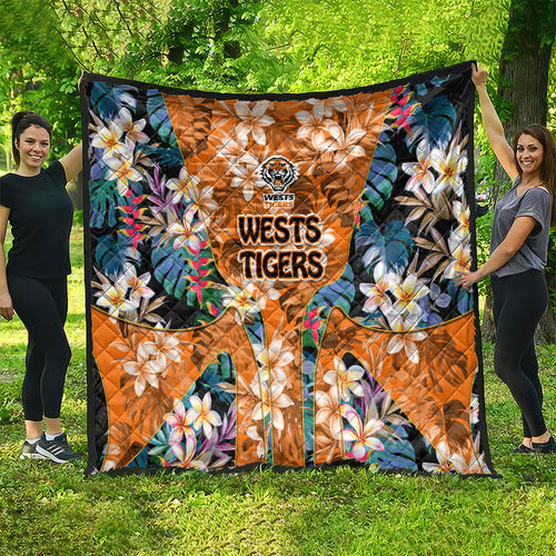 Wests Tigers Quilt Tropical Hibiscus Floral Pattern With Orange And Black Accents