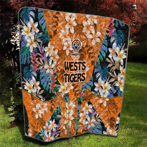 Wests Tigers Quilt Tropical Hibiscus Floral Pattern With Orange And Black Accents