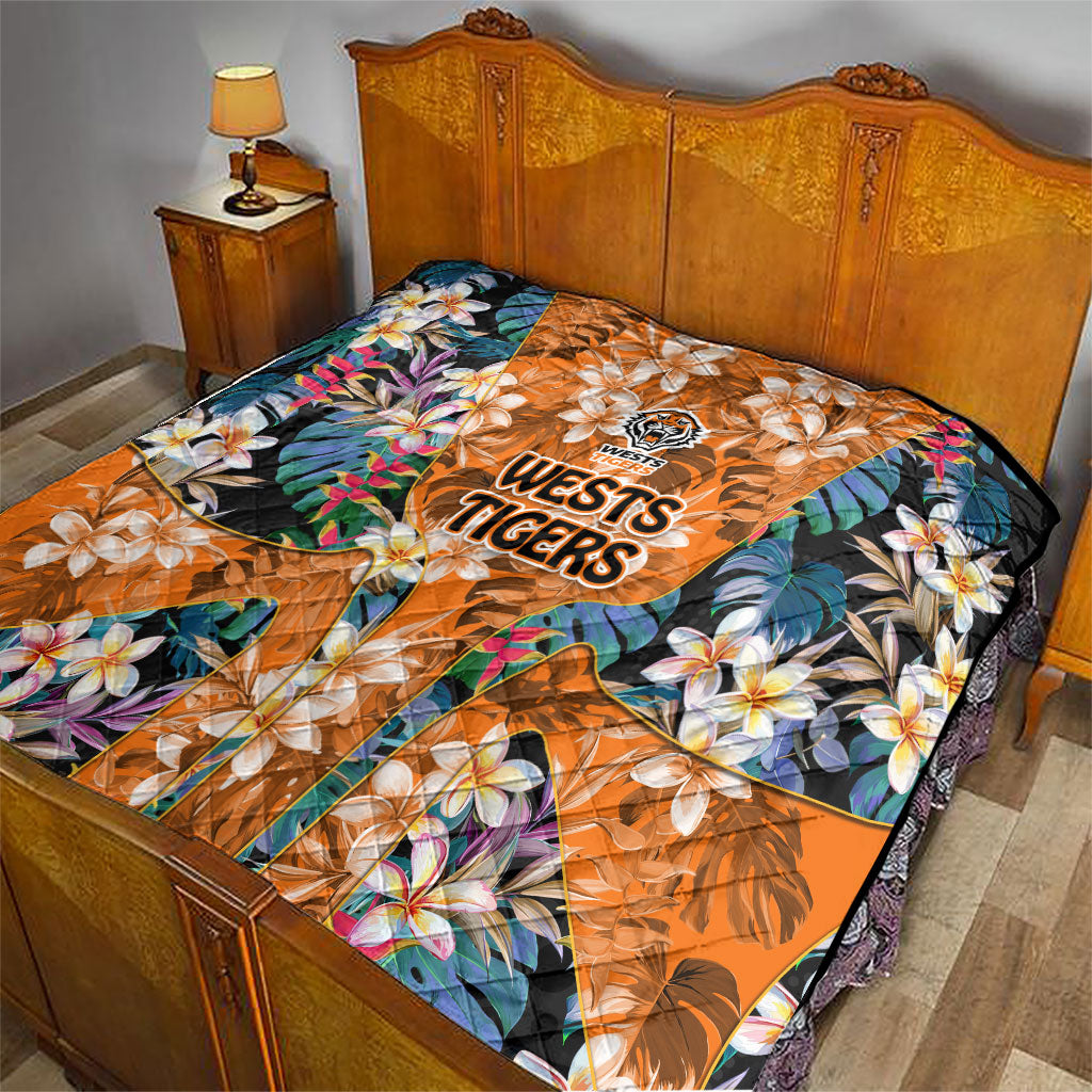 Wests Tigers Quilt Tropical Hibiscus Floral Pattern With Orange And Black Accents