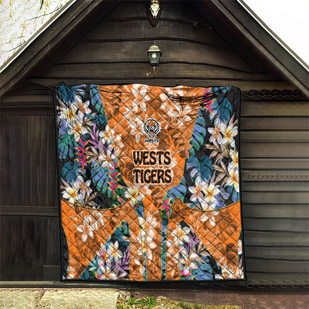 Wests Tigers Quilt Tropical Hibiscus Floral Pattern With Orange And Black Accents