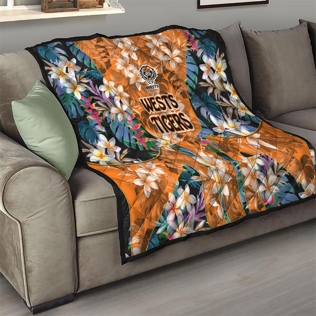 Wests Tigers Quilt Tropical Hibiscus Floral Pattern With Orange And Black Accents