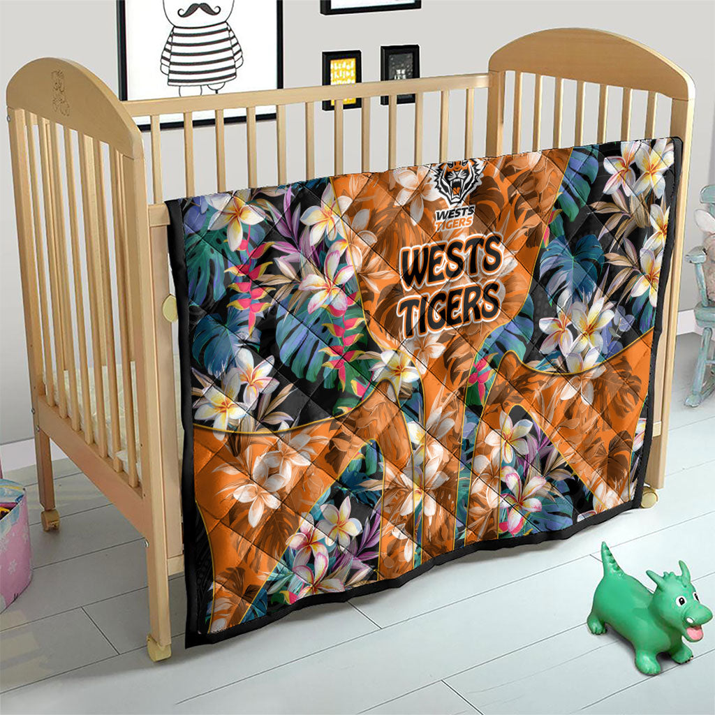 Wests Tigers Quilt Tropical Hibiscus Floral Pattern With Orange And Black Accents
