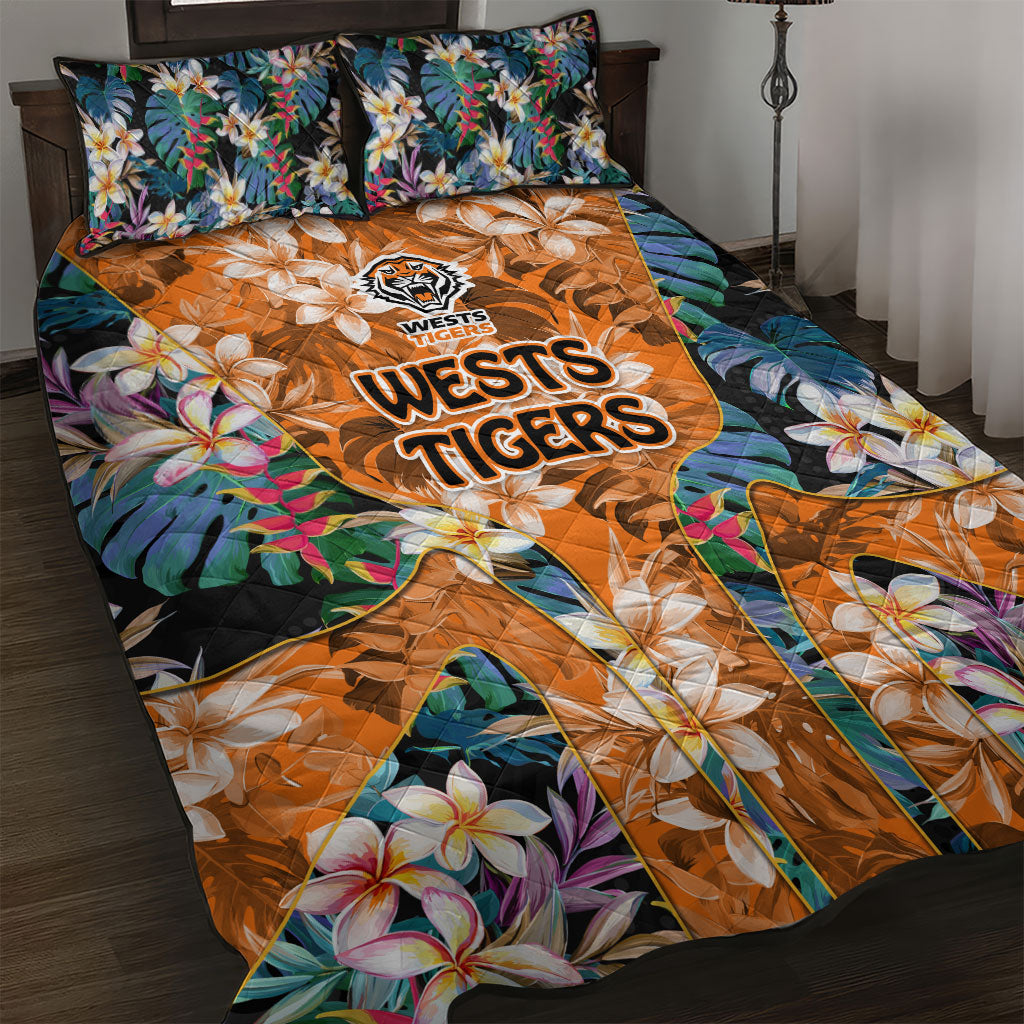 Wests Tigers Quilt Bed Set Tropical Hibiscus Floral Pattern With Orange And Black Accents