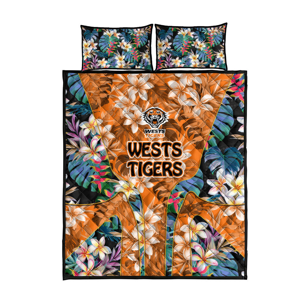 Wests Tigers Quilt Bed Set Tropical Hibiscus Floral Pattern With Orange And Black Accents