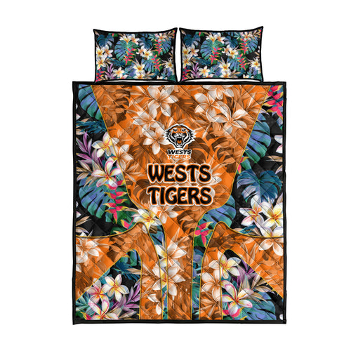 Wests Tigers Quilt Bed Set Tropical Hibiscus Floral Pattern With Orange And Black Accents