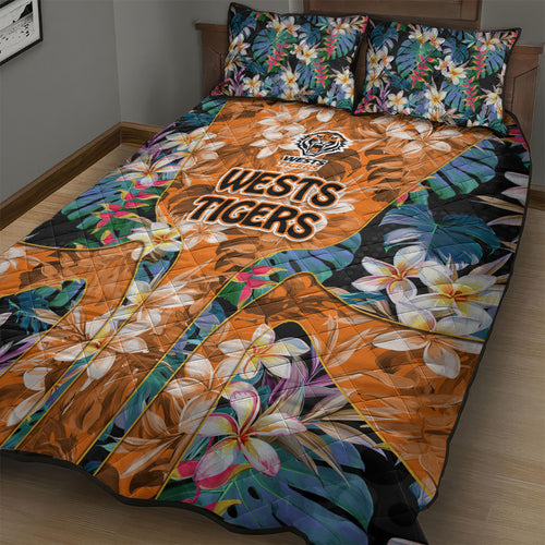 Wests Tigers Quilt Bed Set Tropical Hibiscus Floral Pattern With Orange And Black Accents